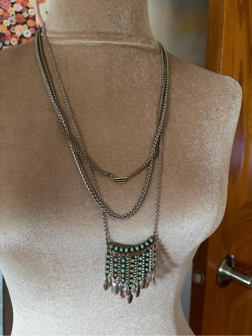 NWT Lucky Brand Silver-Tone Layered Necklace with Turquoise Bead Fringe